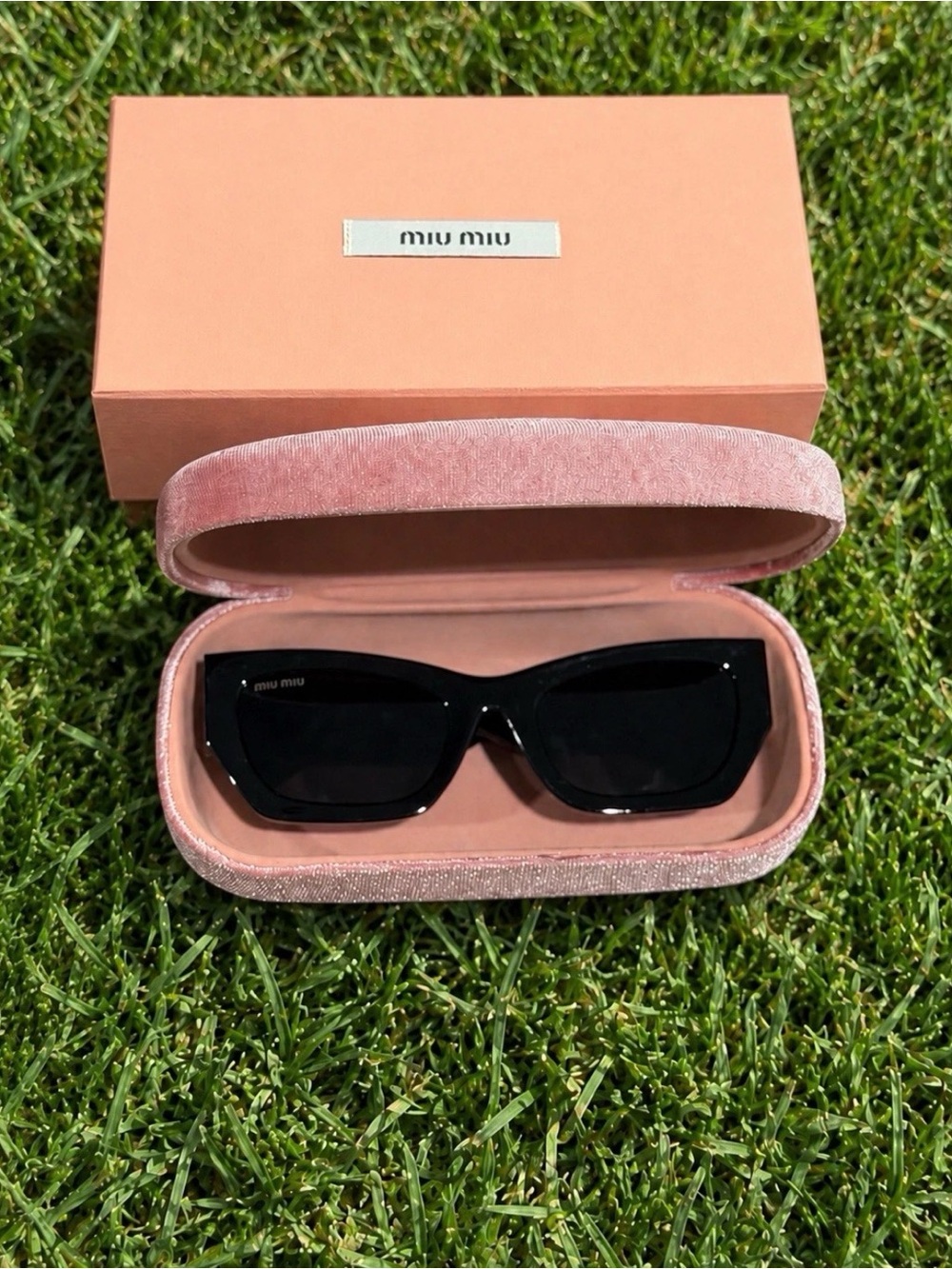 Miu Miu Black Cat-Eye Sunglasses with Pink Velvet Case